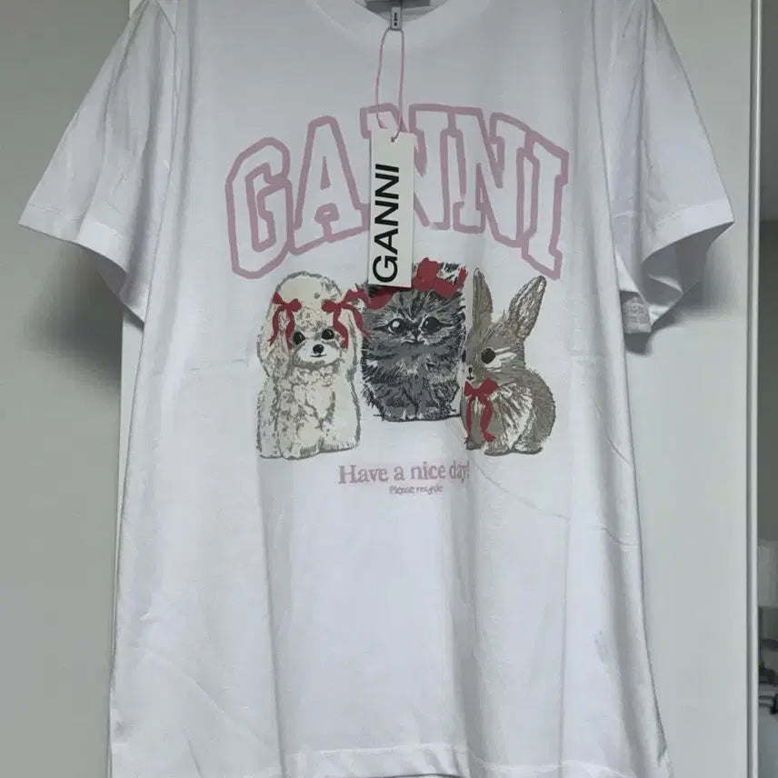 [BUNJANG] GANNI Dog Print Short Sleeve T-Shirt White / GANNI 강아지 프린트 반팔 티셔츠 화이트