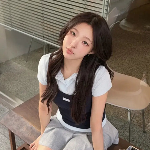 [BUNJANG] FROMMUNE Double Layered PK Collar T-Shirt (Sky Blue) / 레터 프롬문 레터즈 더블 레이어드 피케이 카라티 ( 스카이블루 )