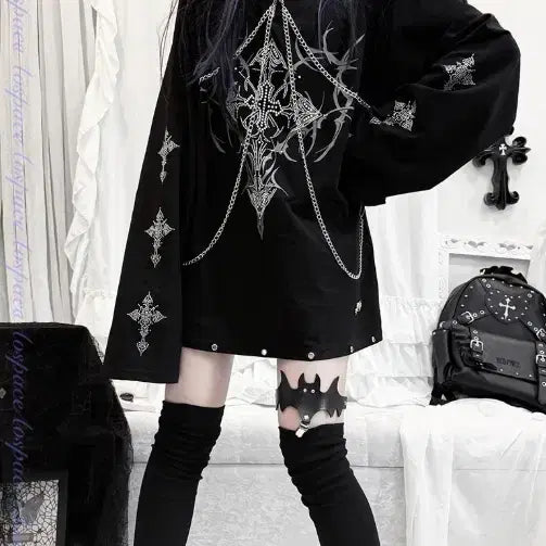 [BUNJANG] AOSpace Cross Print Rhinestone Long Sleeve T-Shirt (Deficiency Oxygen Space Style) / 결핍산소 우주 AOSpace 크로스 프린트 라인스톤 롱 소매 티셔츠 양산형 지뢰계 서브컬쳐