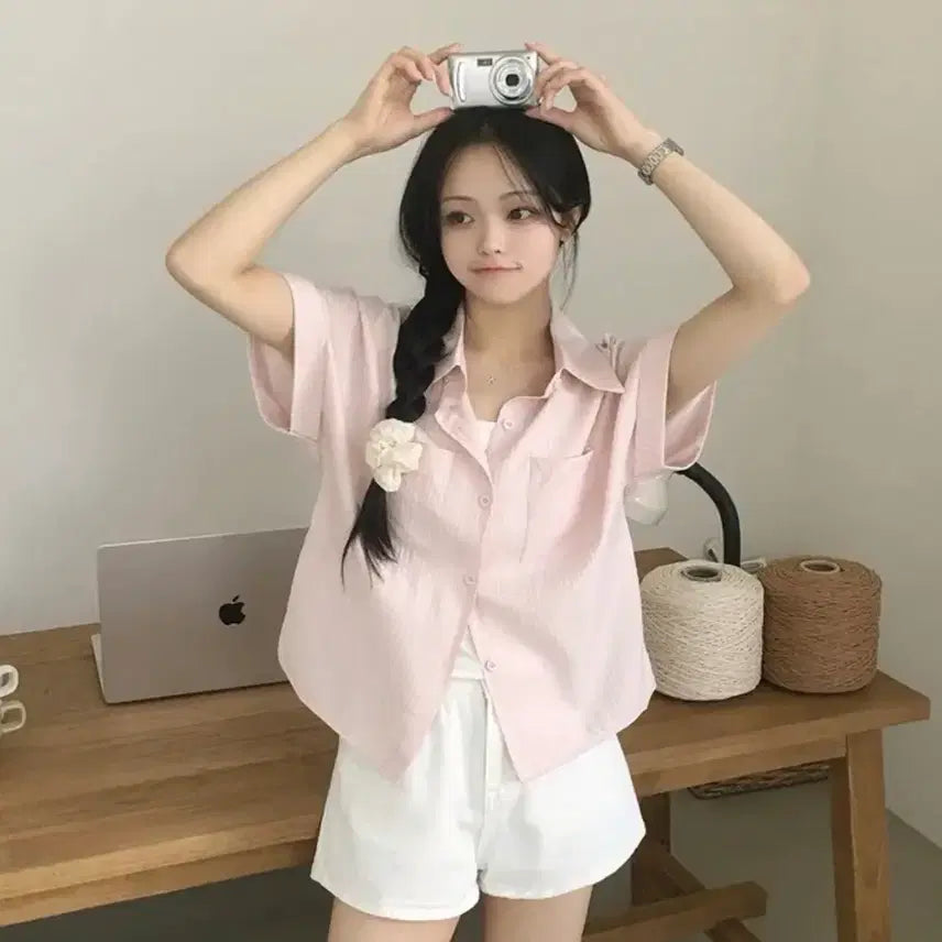 [BUNJANG] Andmore Summer Short Sleeve Shirt Pink / 에이블리 앤드모어 반팔 여름 남방 핑크