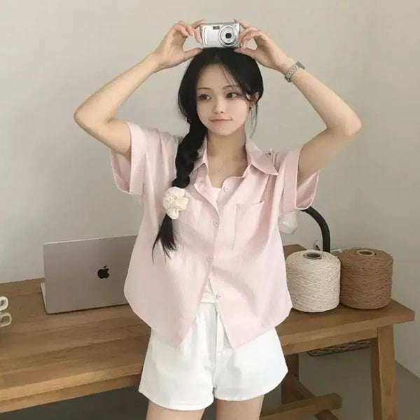 [BUNJANG] Andmore Summer Short Sleeve Shirt Pink / 에이블리 앤드모어 반팔 여름 남방 핑크