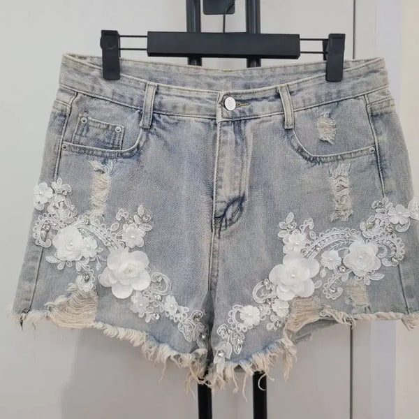 [BUNJANG] Lace Flower Light Wash Denim Shorts - Size 77 / 레이스 플라워 연청 데님 반바지 쇼츠 77사이즈