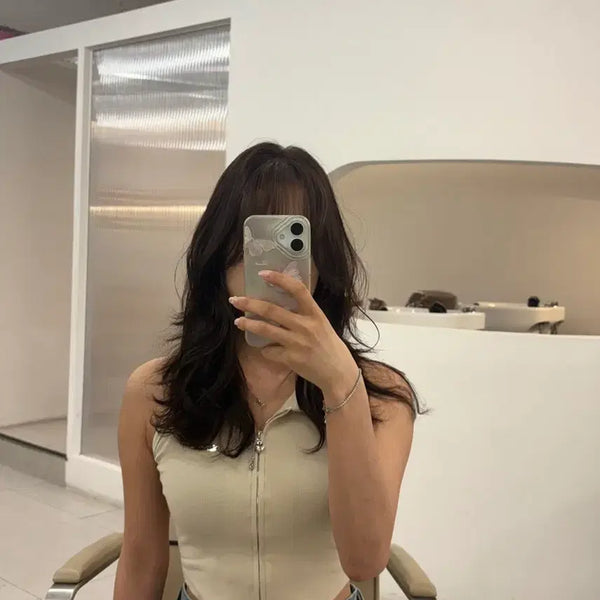 [BUNJANG] Collared Zip-Up Sleeveless Top - Beige / 카라 집업 나시 베이지 탑
