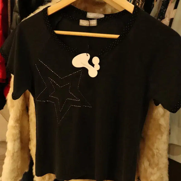 [BUNJANG] W Hug Your Skin T-shirt Black Constellation Embroidery Y2K / W(F) 허그유어스킨 반팔 티셔츠 Y2K 새상품 블랙 별자수-H35816