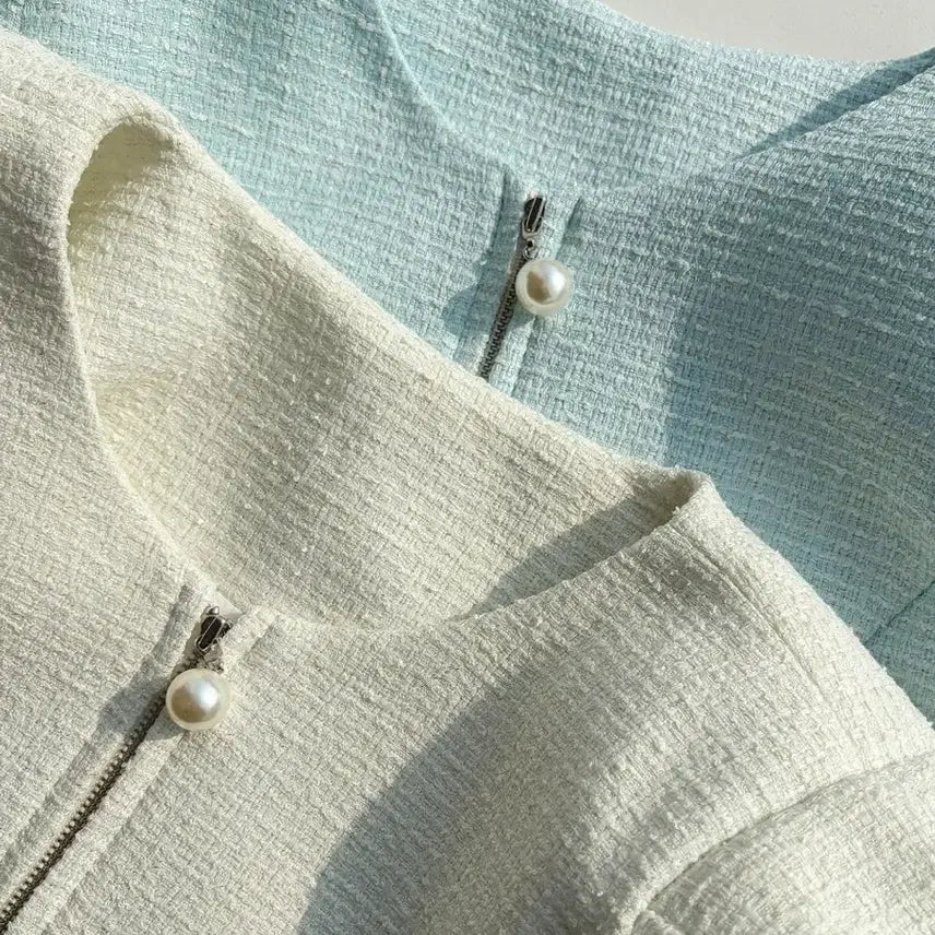 [BUNJANG] By Ssiny Pearl Zipper Tweed Jacket Ivory FREE / [새상품] 바이씨니 제작 진주 집업 트위드 자켓 아이보리 FREE