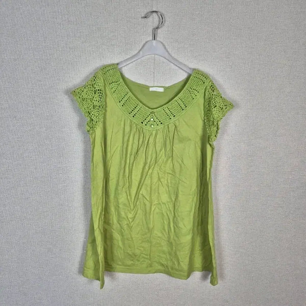 [BUNJANG] Lime Green 100% Cotton Lace Blouse (LL Size) / (#66,77추천/LL)면 100%라임색 레이스 블라우스
