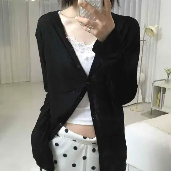 [BUNJANG] More Than Sugar Lily V-Neck Ribbed Summer Cardigan / 에이블리 릴리 브이넥 데일리 골지 여름 가디건 모어댄슈가 썸모어블랙