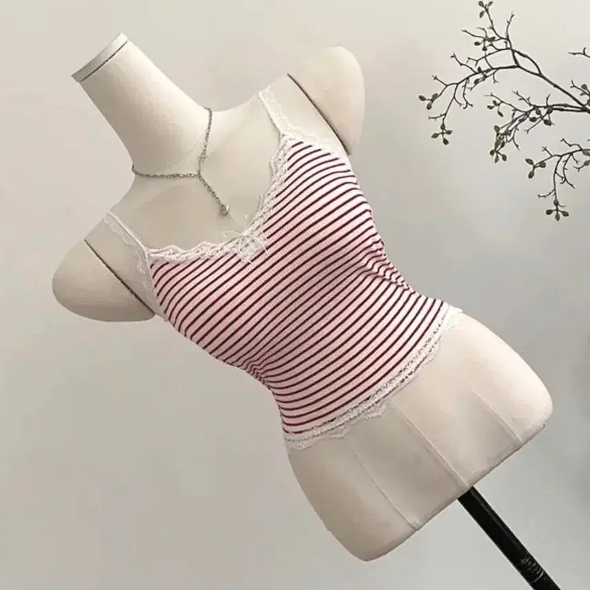 [BUNJANG] Red Striped Lace Camisole Top / 레드 스트라이프 레이스 나시 탑