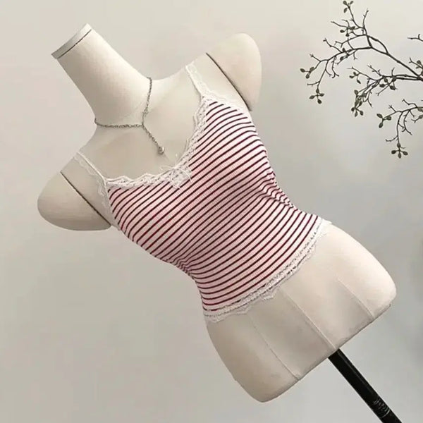 [BUNJANG] Red Striped Lace Camisole Top / 레드 스트라이프 레이스 나시 탑