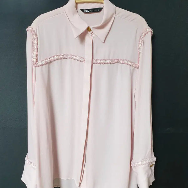 [BUNJANG] Zara Tweed Line Blouse Black Label Pink S / 진짜만원 자라 55 트위드라인 블라우스