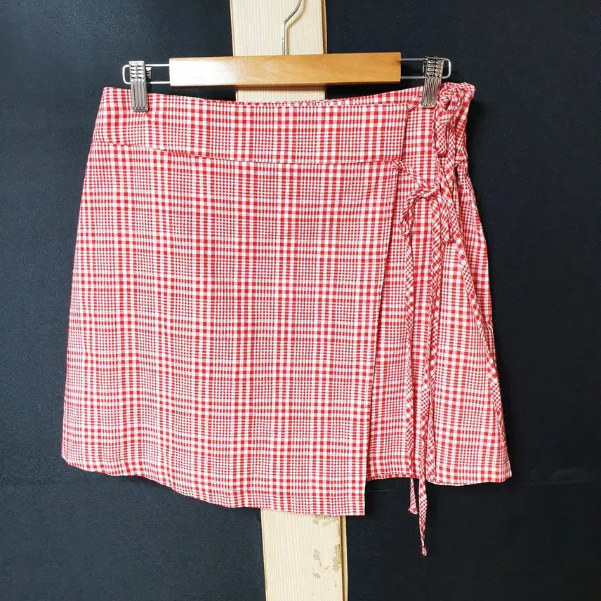 [BUNJANG] M-SOO Red Check Wrap Skirt / 진짜만원 미쏘 랩스커트 77 레드체크 면