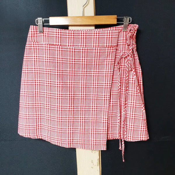 [BUNJANG] M-SOO Red Check Wrap Skirt / 진짜만원 미쏘 랩스커트 77 레드체크 면