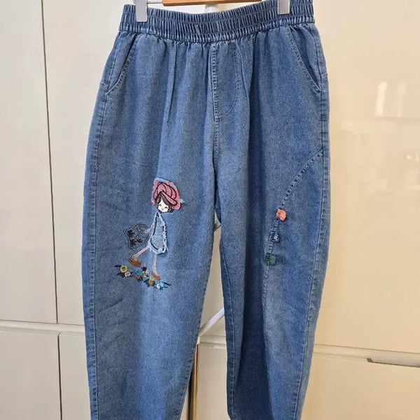 [BUNJANG] Women's Vintage Denim Pants with Character and Floral Embroidery / 청바지 여성 빈티지 캐릭터 자수 바지
