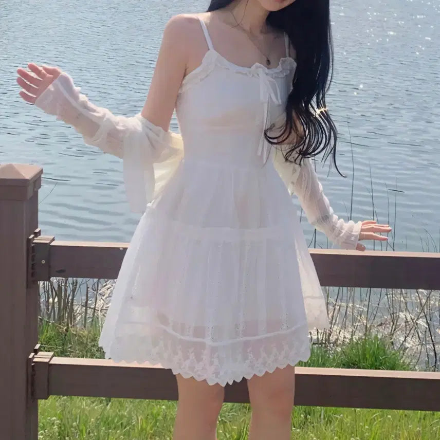[BUNJANG] White Frill Lace Sleeveless Dress / (새상품) 화이트 프릴 레이스 나시 원피스