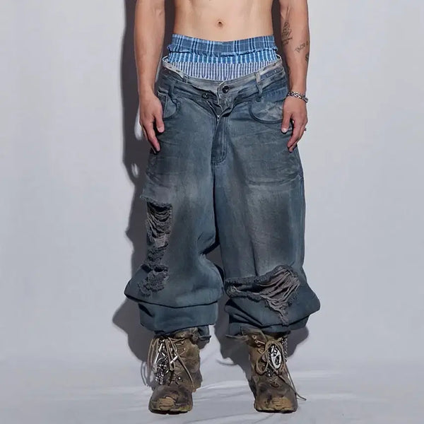 [BUNJANG] XS BLR Distressed Oil Washed Wide Denim Light Blue / [XS] BLR 비엘알 디스트로이드 오일 워시드 와이드 데님 라이트 블루