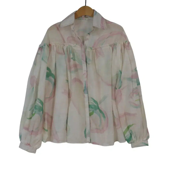 [BUNJANG] SHANDU Pastel See-Through Shirring Blouse / SHANDU 반시스루 셔링 블라우스 프리 파스텔 루즈핏 셔츠