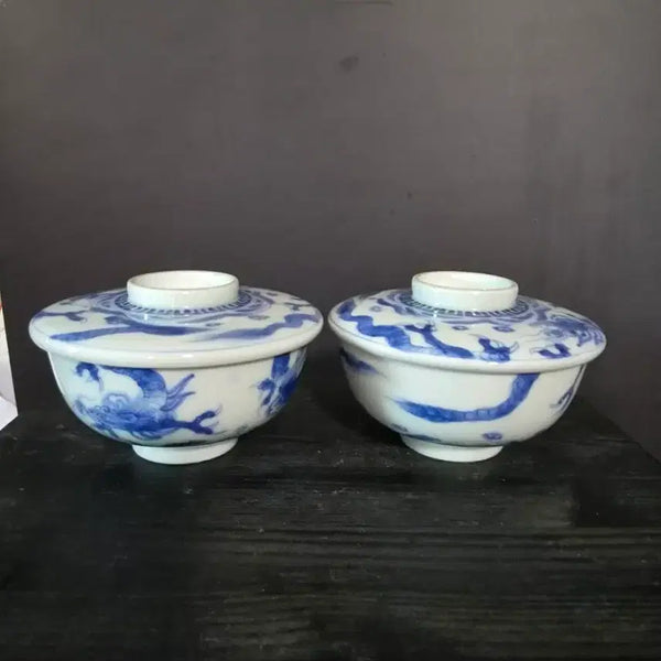 [BUNJANG] Set of Two Celadon Tea Bowls with Blue Dragon Motif / 개완(k-364)