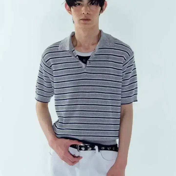 [BUNJANG] Noisy Leed Stripe Polo Knit / 노이스 리브드 스트라이프 폴로 니트
