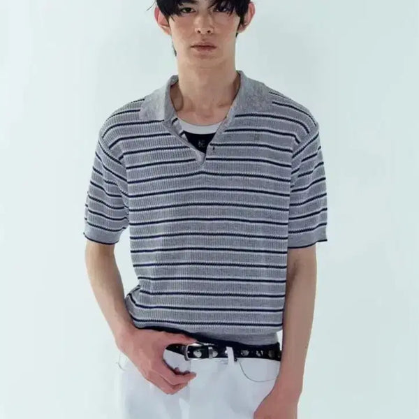 [BUNJANG] Noisy Leed Stripe Polo Knit / 노이스 리브드 스트라이프 폴로 니트
