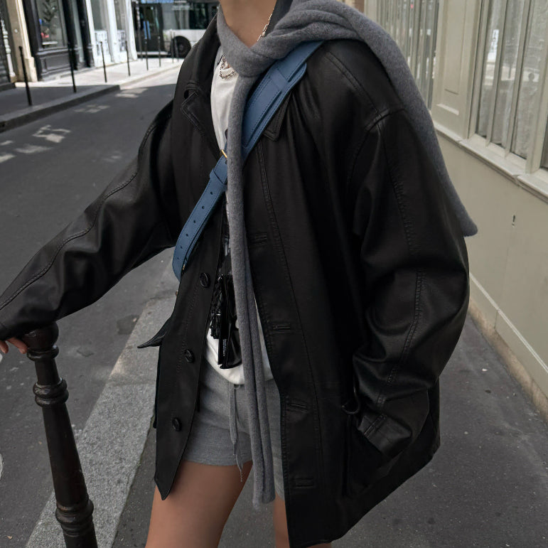 [BUNJANG] Laroom Dark Leather Lined Oversized Jacket / 라룸 다크레더 야상 안감O 새상품