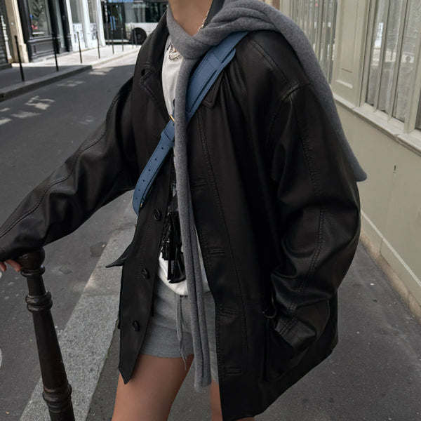 [BUNJANG] Laroom Dark Leather Lined Oversized Jacket / 라룸 다크레더 야상 안감O 새상품