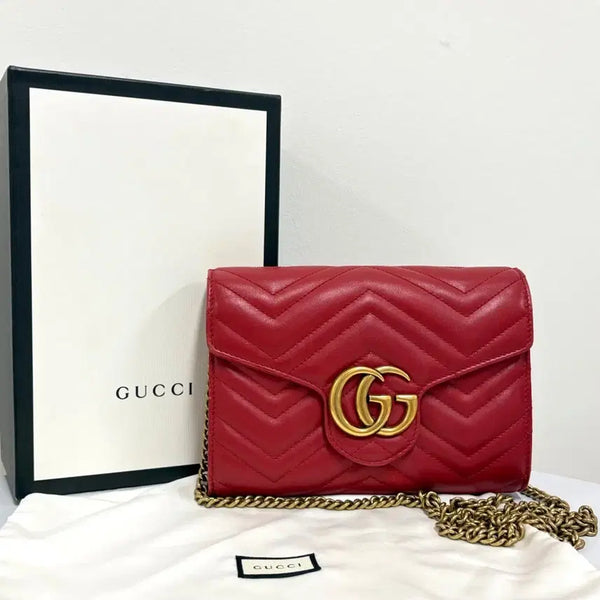 [BUNJANG] Gucci Matelassé GG Marmont Chain Crossbody Bag Red / 구찌 마틀라세 GG 마몽 체인 크로스백 레드 (474575)
