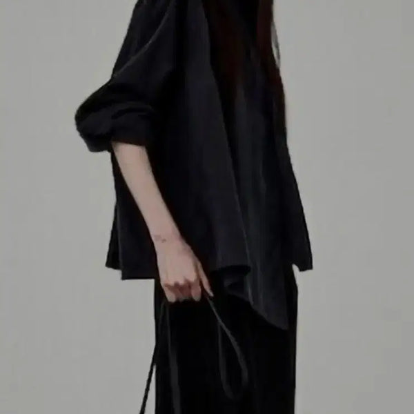 [BUNJANG] KUHO Silk Blend Neck Button Detail Blouse (Size 2, Dark Grey) / 구호 [새옷] 실크블렌드 넥버튼 디테일 블라우스