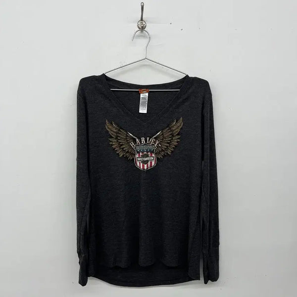 [BUNJANG] Harley-Davidson Vintage Printing Long Sleeve T-Shirt Dark Gray Women's L / 할리데이비슨 빈티지 프린팅 긴팔 티셔츠 다크그레이 여성L