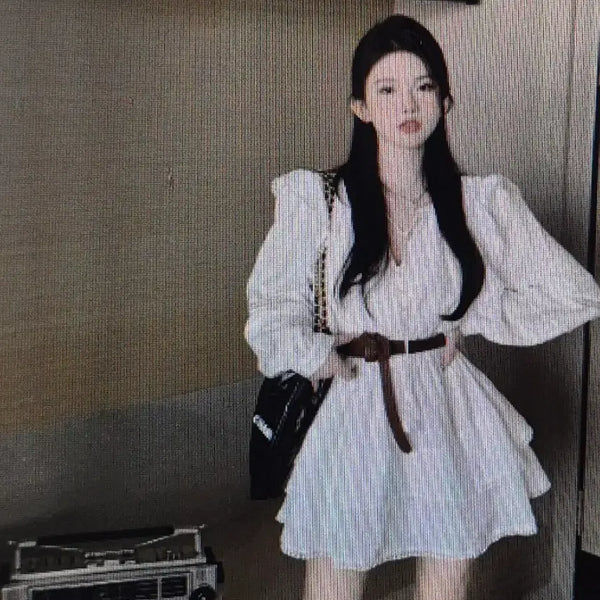 [BUNJANG] White Puff Sleeve Mini Dress with Belt / (해외배송)화이트 퍼프 소매 원피스