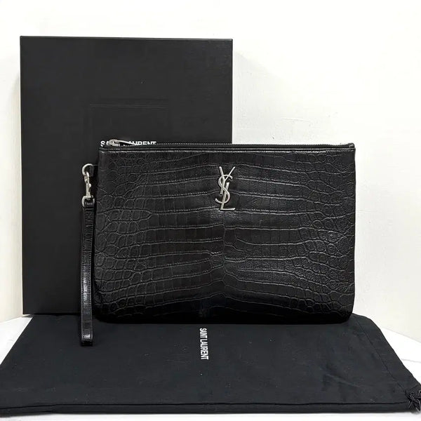 [BUNJANG] Saint Laurent Crocodile Pattern Monogram Clutch Bag Black / 생로랑 크로커다일 패턴 은장 모노그램 클러치백 블랙 (558070)