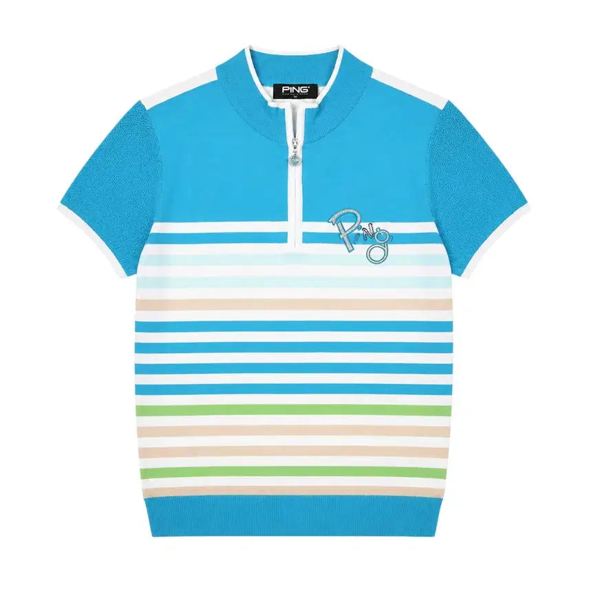 [BUNJANG] Women's Pink Stripe Half-Zip Golf T-Shirt / 여성90/ 핑 스트라이프 반집업 골프티셔츠 6-16