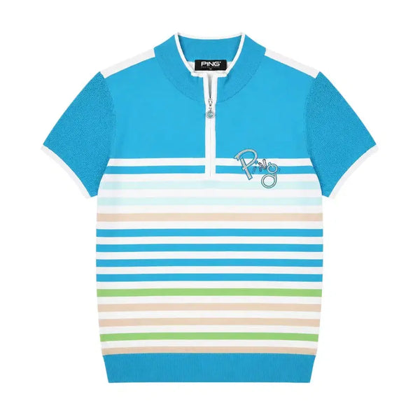 [BUNJANG] Women's Pink Stripe Half-Zip Golf T-Shirt / 여성90/ 핑 스트라이프 반집업 골프티셔츠 6-16