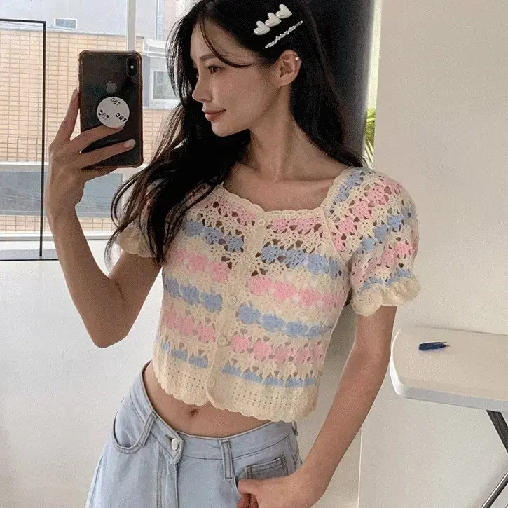 [BUNJANG] Pastel Crochet Short Sleeve Summer Knit Cardigan / (새상품) 파스텔 크로쉐 반팔 여름 니트 가디건