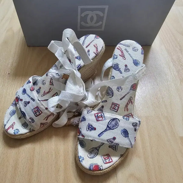 [BUNJANG] Chanel Canvas Lace Wedge Heels Sandals / 샤넬 캔버스 레이스 웨지힐
