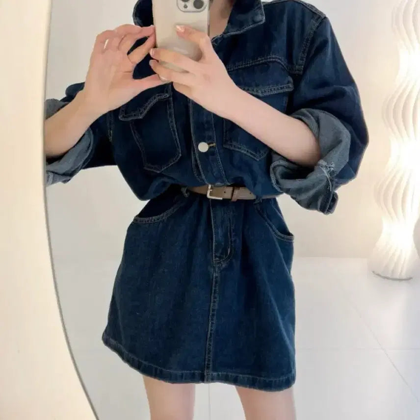 [BUNJANG] Women's Denim Mini Dress with Belt / 여성 벨트포함 청미니 원피스