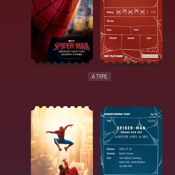 [BUNJANG] Spider-Man Original Ticket Set (2 Types) Megabox Special Edition / 스파이더맨 오리지널 티켓 2종 오티 메가박스 특전