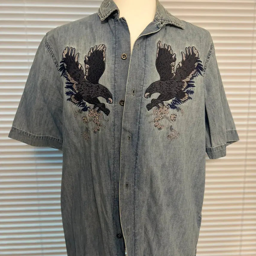 [BUNJANG] Diesel Embroidered Blue Open Collar Short Sleeve Shirt Size S / 디젤 diesel 자수 청 오픈카라셔츠 s