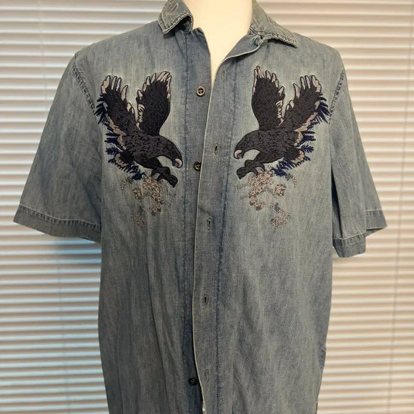 [BUNJANG] Diesel Embroidered Blue Open Collar Short Sleeve Shirt Size S / 디젤 diesel 자수 청 오픈카라셔츠 s
