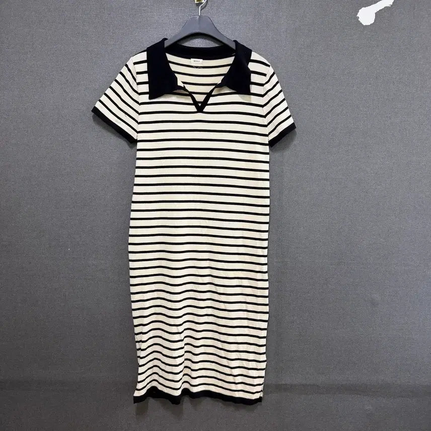 [BUNJANG] Women's Striped V-Neck Short Sleeve Knit Long Dress / F 여성 스트라이프 브이넥 카라 반팔 니트 롱 원피스 BO2585