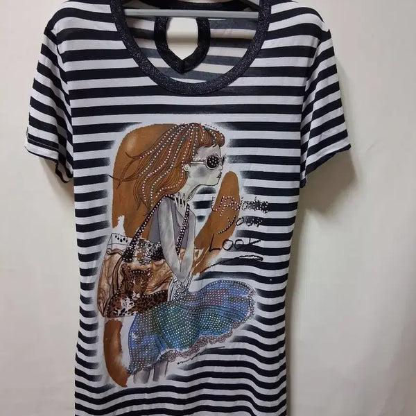 [BUNJANG] Ereum Striped T-Shirt with Jewel Detail - M / 어름 티 M