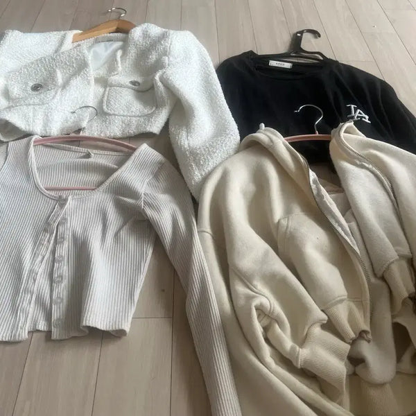 [BUNJANG] Women's Daily Wear Set - Black Long Sleeve Top, Ivory Hoodie, White Terry Jacket / 일괄) 단품 여성의류 세트 (검정 긴팔, 아이보리 후드집업, 흰색 테리자켓
