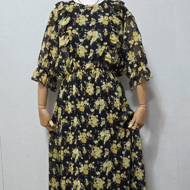 [BUNJANG] Flower Pattern Chiffon Long Dress / 플라워 쉬폰 원피스
