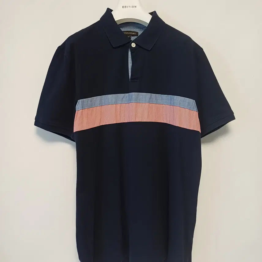[BUNJANG] Banana Republic Woven Color-Block Pique Short-Sleeve Polo Shirt XL (Navy) / [XL/105-110] 바나나리퍼블릭 우븐 배색 피케 반팔 카라티 (네이비)