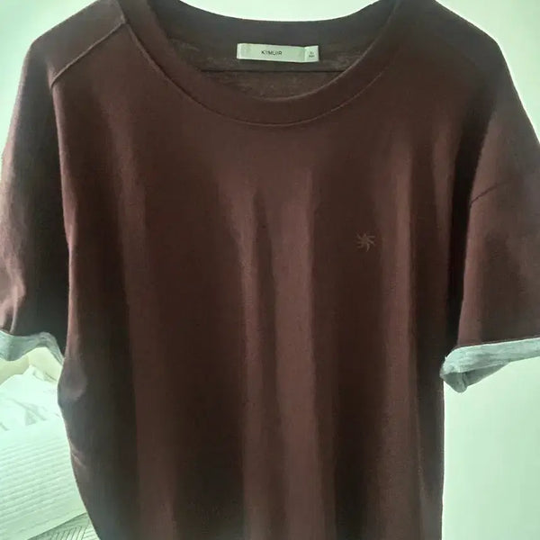 [BUNJANG] Color-Block Roll-Up Short Sleeve T-Shirt Burgundy XL / 배색 롤업 크롭 반팔티 버건디 xl
