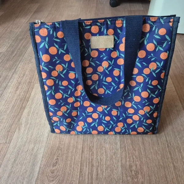 [BUNJANG] Fruit Pattern Tote Bag Navy Insulated / 과일 패턴 토트백 네이비 보냉,보온백