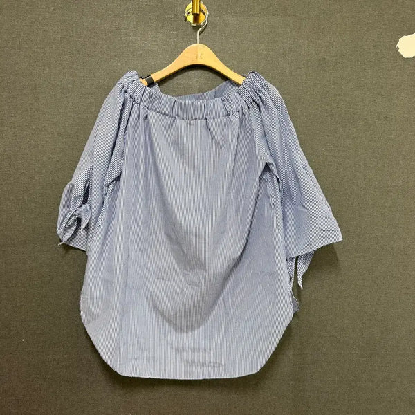 [BUNJANG] Women's Striped Off-Shoulder Blouse Blue / F 여성 스트라이프 오프숄더 블라우스 블루 BO2591