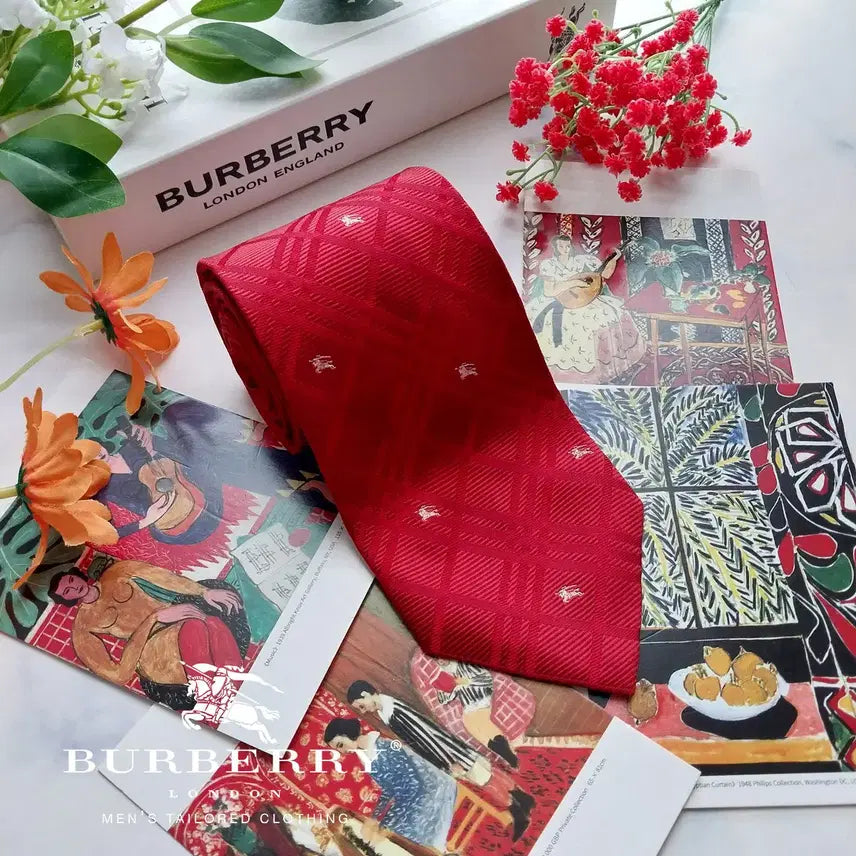 [BUNJANG] Burberry Red Check Equestrian Knight Logo Silk Necktie 9cm / BURBERRY 버버리 실크 레드 체크 기마상 로고 패턴 넥타이 9cm A+~A등급 K3206