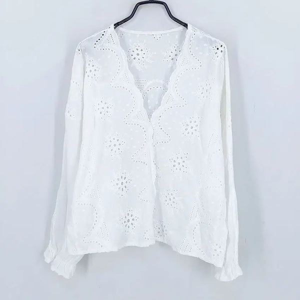 [BUNJANG] Vintage Women's Summer White Long Sleeve Blouse with Punching Detail and Deep V-Neck / 빈티지 여성 여름 펀칭 딥브이 긴팔블라우스 화이트 (HU46141)