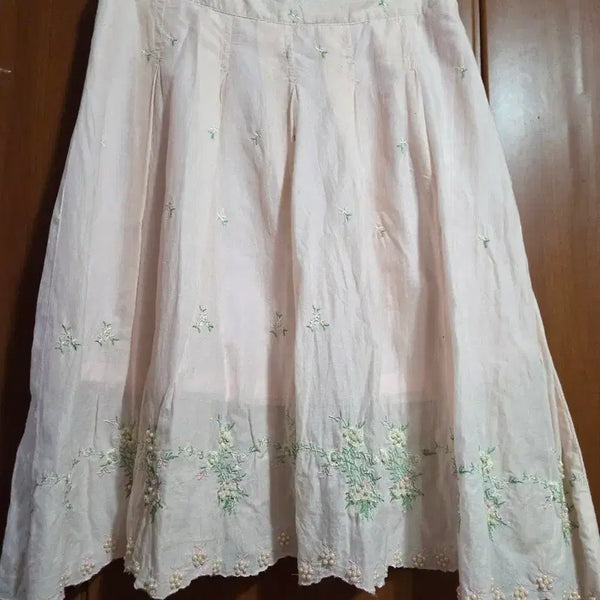 [BUNJANG] Embroidered Cotton Midi Skirt - Light Pink / 연핑크 자수 아사면스커트