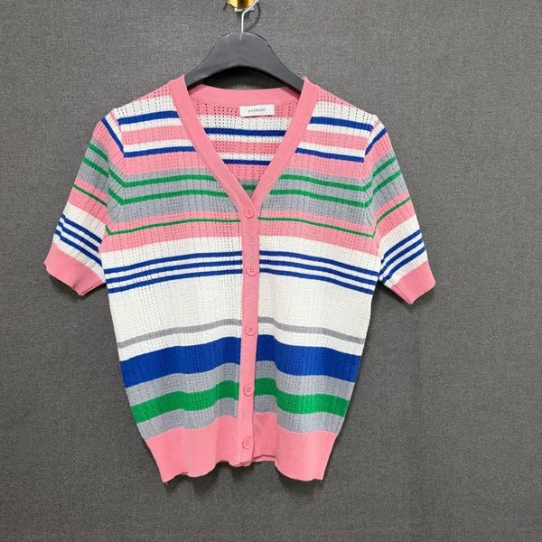 [BUNJANG] 8CONCEPT Women's Striped Knit Short Sleeve Cardigan Pink BO2597 / 8CONCEPT 여성 스트라이프 니트 반팔 가디건 핑크 BO2597